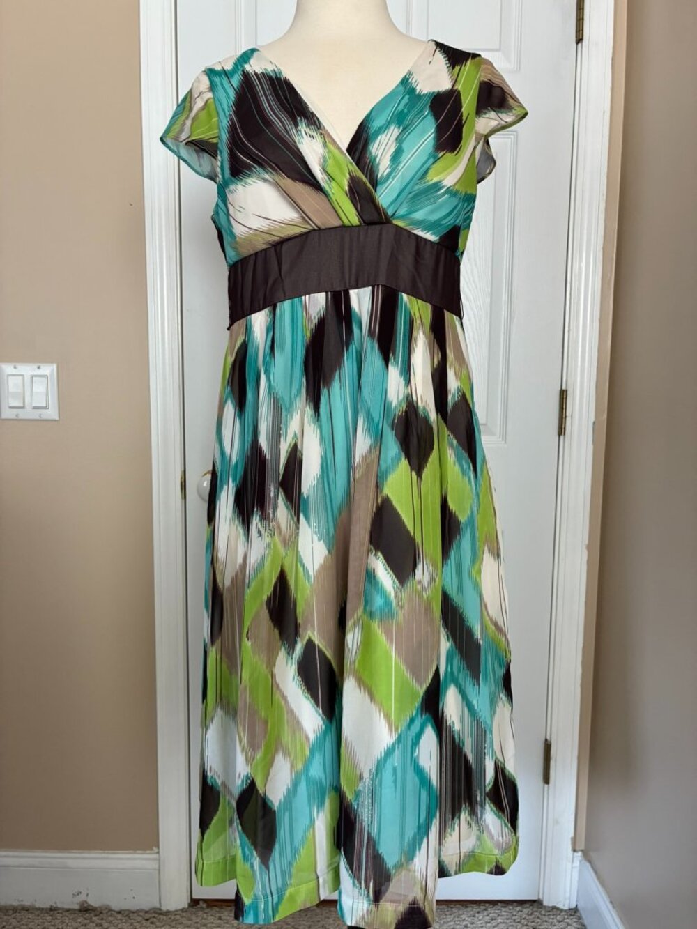 Metrostyle Green & Brown Multi-Colored Size M Belted Dress